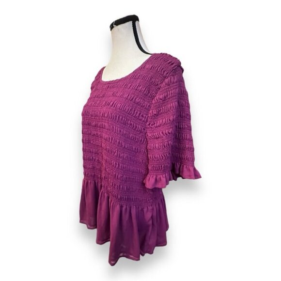 Women’s torrid 3 Beet Red Boat Neck Peplum Chiffon Smocked Top 22 24 3X XXXL 3XL - Picture 3 of 14